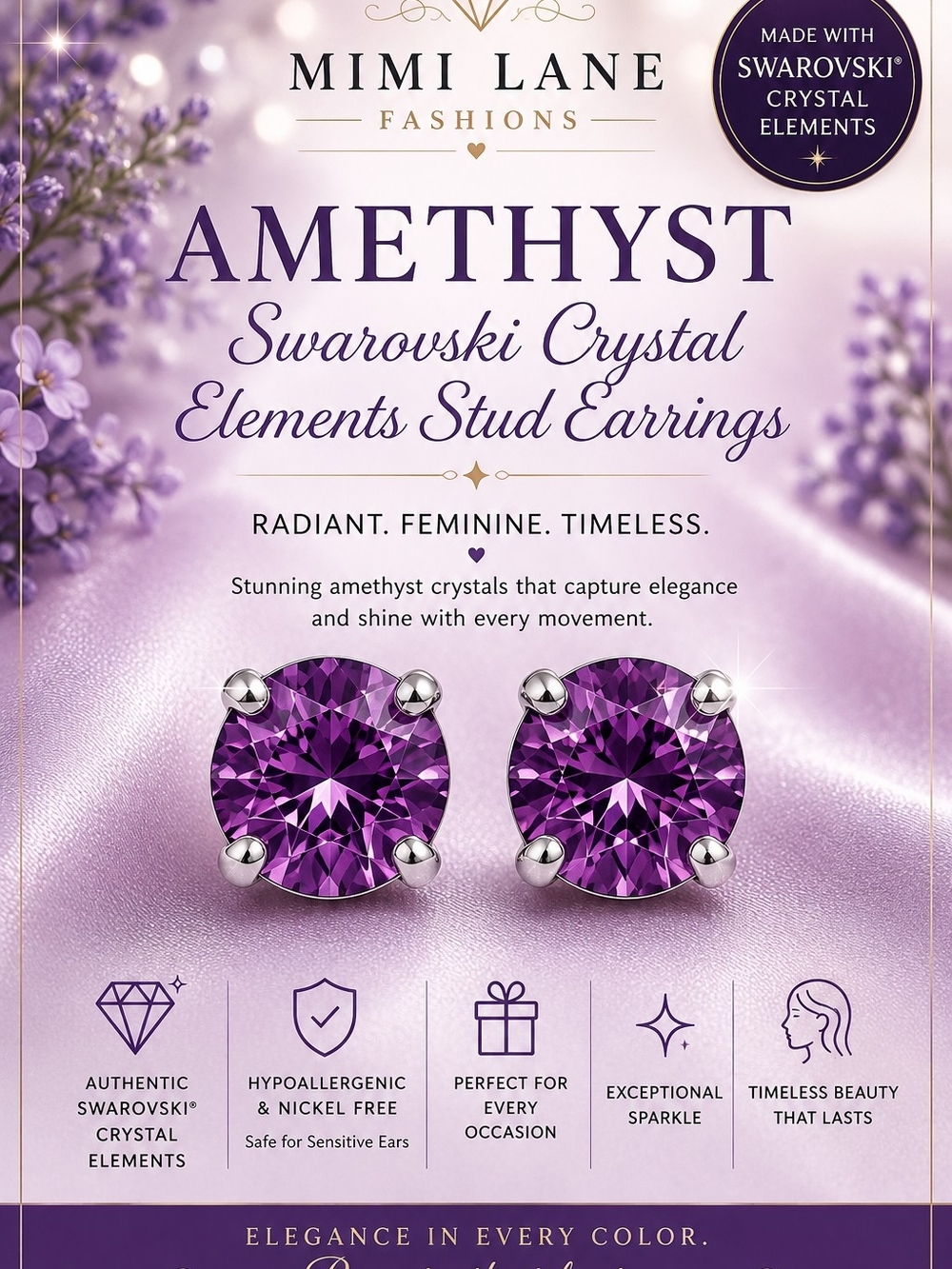 Amethyst Swarovski Crystal Stud Earrings - Purple